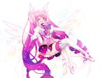  1girl ;d aisha_(elsword) blanket_(kkbjah) boots bow curly_hair elbow_gloves elsword full_body gloves gradient_hair hair_ornament long_hair looking_at_viewer magical_girl metamorphy_(elsword) multicolored_hair one_eye_closed open_mouth pink_hair purple_bow purple_hair sidelocks simple_background smile solo sparkle thigh-highs thigh_boots twintails violet_eyes white_background white_footwear white_gloves white_wings wings 