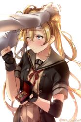  1boy 1girl abukuma_(kantai_collection) admiral_(kantai_collection) black_gloves black_jacket blonde_hair blue_eyes commentary_request cowboy_shot double_bun gloves grey_sailor_collar hair_rings jacket juurouta kantai_collection long_hair medal neck_ribbon one_eye_closed partly_fingerless_gloves petting red_ribbon remodel_(kantai_collection) ribbon sailor_collar school_uniform serafuku simple_background solo_focus white_background 