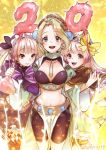 3girls :d anniversary arm_hug atelier_(series) atelier_lydie_&amp;_suelle atelier_marie between_breasts bike_shorts black_shorts black_skirt blonde_hair blue_eyes bow breasts brown_capelet capelet cleavage closed_mouth collarbone cowboy_shot eyebrows_visible_through_hair flask hair_bow holding kachin large_breasts long_hair looking_at_viewer lydie_marlen marie_(atelier) midriff multiple_girls navel open_mouth pink_eyes pink_hair purple_bow short_hair shorts siblings side_ponytail sisters skirt smile striped striped_bow suelle_marlen twins yellow_background yellow_bow 