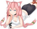  1girl absurdres ahoge animal_ears ass bike_shorts blue_eyes breasts cat_ears choker downblouse hair_bobbles hair_ornament head_rest highres hinata_channel low_twintails lying nekomiya_hinata on_stomach orange_legwear pink_hair shorts small_breasts smile solo thigh-highs twintails vest virtual_youtuber watch watch white_vest 
