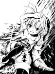  1girl against_tree bare_shoulders braid breasts commentary_request edobox long_hair looking_at_viewer monochrome multi-tied_hair open_mouth pantyhose saga saga_frontier saga_frontier_2 single_braid small_breasts smile solo tree virginia_knights 