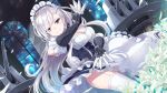  1girl absurdres apron azur_lane bangs belfast_(azur_lane) blurry bokeh braid breasts buttons chains cleavage closed_mouth commentary_request corset depth_of_field dress dutch_angle eyebrows_visible_through_hair eyelashes falling_petals floating_hair flower french_braid frilled_apron frilled_dress frills garter_straps gauntlets gloves highres holding holding_weapon indoors large_breasts legs_crossed lily_(flower) long_hair looking_at_viewer machinery maid maid_apron maid_headdress night petals pose shiny shiny_hair silver_hair smile solo standing swept_bangs takehana_note thigh-highs turret very_long_hair violet_eyes watson_cross weapon white_apron white_flower white_gloves white_legwear wind wind_lift window zettai_ryouiki 