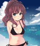  1girl :3 arms_behind_back bikini black_bikini blue_eyes blurry blurry_background breasts brown_hair character_name cleavage closed_mouth clouds cloudy_sky collarbone commentary_request ichinose_shiki idolmaster idolmaster_cinderella_girls kirarin369 long_hair looking_at_viewer medium_breasts navel ocean outdoors ponytail sky smile solo standing swimsuit upper_body wavy_hair 