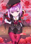  1girl alternate_costume black_gloves black_hat cape commentary_request eyebrows_visible_through_hair fate/grand_order fate_(series) flower gloves hat helena_blavatsky_(fate/grand_order) highres looking_at_viewer nishimi_shin pantyhose pencil_skirt purple_hair red_legwear rose short_hair sitting skirt smile solo violet_eyes 