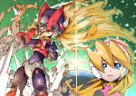  1boy 1girl absurdres android bangs blonde_hair blue_eyes capcom ciel_(rockman) closed_eyes flowing_hair hair_between_eyes headgear helmet highres inti_creates long_hair open_mouth rockman rockman_zero rockman_zero_4 tonami_kanji worried zero_(rockman) 