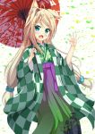  1girl :d animal_ears bangs blue_eyes blue_hair blue_scrunchie blush checkered closed_eyes commentary_request fang fox_ears fox_girl gradient gradient_hakama green_hakama green_kimono hair_ornament hair_scrunchie hakama hand_up highres holding holding_umbrella japanese_clothes kimono long_hair long_sleeves looking_at_viewer low-tied_long_hair low_twintails multicolored multicolored_clothes multicolored_hair open_mouth oriental_umbrella original print_hakama print_kimono print_umbrella purple_hakama red_umbrella scrunchie sidelocks smile solo streaked_hair tsuyukina_fuzuki twintails umbrella very_long_hair white_background wide_sleeves 
