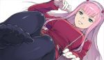  1girl :d aqua_eyes bangs black_legwear blunt_bangs blurry breasts darling_in_the_franxx depth_of_field eyebrows_visible_through_hair feet from_below gloves half-closed_eyes horns long_hair long_sleeves looking_at_viewer medium_breasts military military_uniform morisawa_haruyuki open_mouth pantyhose seductive_smile smile solo under_boob uniform very_long_hair white_gloves zero_two_(darling_in_the_franxx) 