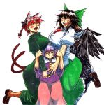  3girls ^_^ animal_ears bangs bird_wings black_wings blouse blush bow braid breast_rest breasts breasts_on_head brown_hair cape cat_ears cat_tail closed_eyes cowboy_shot dress extra_ears eyebrows_visible_through_hair fangs green_bow green_dress green_skirt hair_between_eyes hair_bow hairband half-closed_eyes hand_on_another&#039;s_arm hands_up happy heart height_difference huge_breasts kaenbyou_rin komeiji_satori koyubi_(littlefinger1988) large_breasts long_dress long_hair long_skirt long_sleeves multiple_girls multiple_tails nekomata open_mouth parted_lips pink_skirt puffy_short_sleeves puffy_sleeves purple_blouse purple_hair red_eyes redhead reiuji_utsuho shirt short_hair short_sleeves simple_background skirt smile standing starry_sky_print tail third_eye touhou twin_braids violet_eyes white_background white_cape white_shirt wide_sleeves wings 