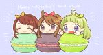  3girls blue_eyes bow brown_hair chibi closed_eyes closed_mouth commentary food green_bow green_hair hair_bow highres idolmaster idolmaster_million_live! licking_lips long_hair macaron multiple_girls ojiiya open_mouth red_bow shimabara_elena smile tanaka_kotoha tokoro_megumi tongue tongue_out violet_eyes yellow_bow 