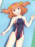  1girl bell black_swimsuit brown_eyes gomi_(gomitin) hair_bell hair_ornament looking_at_viewer motoori_kosuzu no_eyewear open_mouth orange_hair short_hair smile solo swimsuit touhou twintails 