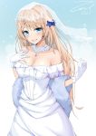  1girl alternate_costume bangs bare_shoulders blonde_hair blue_eyes blurry blush bokeh braid breasts bridal_veil choker cleavage collarbone dated depth_of_field dress earrings elbow_gloves eyebrows_visible_through_hair g36_(girls_frontline) girls_frontline gloves gradient gradient_background hand_on_own_chest hand_up jewelry light_particles long_hair looking_at_viewer medium_breasts parted_lips pendant shawl sidelocks signature smile solo strapless strapless_dress twitter_username unel1211 veil wedding_dress white_dress white_gloves wind wind_lift 