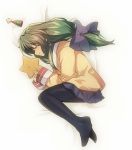  1girl bangs bed_sheet black_legwear blue_bow blue_skirt blush bow clannad closed_mouth fetal_position green_hair hair_between_eyes hair_bow hat hikarizaka_private_high_school_uniform ibuki_fuuko long_hair long_sleeves looking_at_viewer low-tied_long_hair lying medu_(rubish) miniskirt on_side pantyhose party_hat pleated_skirt school_uniform sidelocks skirt sleeve_cuffs smile solo starfish 