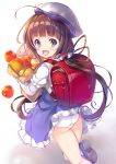  1girl :d absurdres ahoge apple backpack bag beret blue_eyes brown_hair commentary_request eyebrows_visible_through_hair food from_behind fruit hat highres hinatsuru_ai looking_at_viewer looking_back mayuzaki_yuu onion open_mouth panties randoseru ryuuou_no_oshigoto! school_uniform smile solo twintails underwear white_hat white_panties 