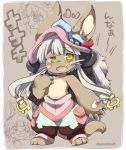  /\/\/\ 1girl :d animal_ears bangs bare_arms bare_shoulders barefoot blush claws colored_eyelashes eromame eyebrows eyebrows_visible_through_hair fang full_body fur furry hair_between_eyes hair_ornament hat horizontal_pupils horned_headwear horns legs_apart long_hair made_in_abyss nanachi_(made_in_abyss) open_mouth pants pocket puffy_pants rabbit_ears silver_hair smile solo standing tail topless twitter_username whiskers yellow_background 