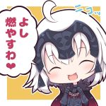  1girl :d ^_^ ahoge armor bangs beni_shake blush cape closed_eyes commentary_request eyebrows_visible_through_hair facing_viewer fate/apocrypha fate/grand_order fate_(series) fur-trimmed_cape fur_trim gauntlets hair_between_eyes head_tilt headpiece jeanne_d&#039;arc_(alter)_(fate) jeanne_d&#039;arc_(fate)_(all) lowres open_mouth purple_cape smile solo translation_request two-tone_background white_background white_hair yellow_background 
