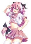  1boy ;d arm_up astolfo_(fate) bangs black_bow blush bow braid commentary_request contrapposto crop_top eyebrows_visible_through_hair eyelashes fang fate/apocrypha fate/grand_order fate_(series) from_side hair_between_eyes hair_bow hair_intakes hand_on_hip heirou large_bow long_hair looking_at_viewer looking_to_the_side male_focus miniskirt multicolored_hair navel neckerchief one_eye_closed open_mouth parted_bangs pink_hair pink_neckwear pink_sailor_collar pink_skirt pleated_skirt raised_eyebrows sailor_collar school_uniform serafuku shirt short_sleeves simple_background single_braid skindentation skirt sleeve_cuffs smile solo standing stomach streaked_hair thigh-highs trap two-tone_hair v very_long_hair violet_eyes white_background white_hair white_legwear white_shirt 