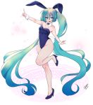  1girl absurdly_long_hair animal_ears aqua_eyes aqua_hair artist_name bunny_girl bunnysuit collar fishnet_pantyhose fishnets full_body fundoshi_inao hair_between_eyes hatsune_miku high_heels index_finger_raised leotard long_hair looking_at_viewer open_mouth outstretched_arm pantyhose rabbit_ears solo twintails very_long_hair vocaloid white_background wrist_cuffs 