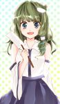  1girl absurdres blue_eyes blush collar curly_hair detached_sleeves dotted_background frog gohei green_hair hair_accessory kochiya_sanae long_hair norinori open_mouth skirt snake touhou 