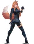  1girl animal_ears ass black_panther_(marvel) black_panther_(marvel)_(cosplay) bodysuit breasts brown_hair claws commentary commission cosplay high_heels holo jovanni_soto long_hair marvel medium_breasts parted_lips red_eyes solo spice_and_wolf standing tail wolf_ears wolf_tail 