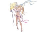  1girl armpits arms_up battle_standard bikini blonde_hair blue_eyes breasts cleavage flower front-tie_bikini front-tie_top full_body granblue_fantasy hair_flower hair_ornament hairband jeanne_d&#039;arc_(granblue_fantasy) large_breasts long_hair looking_at_viewer minaba_hideo navel official_art purple_bikini sandals scabbard sheath sheathed side-tie_bikini simple_background solo swimsuit sword transparent_background tying_hair weapon 