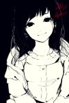  1girl 3kuma black_background black_eyes black_hair facing_viewer greyscale looking_at_viewer monochrome original signature simple_background smile solo 
