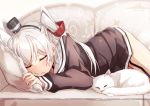  1girl amatsukaze_(kantai_collection) bangs blush brown_dress cat closed_eyes commentary_request couch dress eyebrows_visible_through_hair fang garter_straps hair_between_eyes hair_over_shoulder hair_tie hair_tubes hairband holding holding_pillow kantai_collection long_hair lying on_side open_mouth pillow sailor_dress short_dress sidelocks silver_hair sleeping smokestack takanashi_kei_(hitsujikan) thighs two_side_up whiskers white_cat 