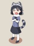  animal_ears black_hair bow bowtie commentary_request common_raccoon_(kemono_friends) crossed_arms elbow_gloves fang fur_collar gloves grey_hair highres kemono_friends open_mouth pantyhose piwahunu pleated_skirt puffy_short_sleeves puffy_sleeves raccoon_ears raccoon_tail short_hair short_sleeves skirt tail white_hair 