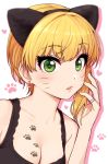  1girl animal_ears asymmetrical_hair black_camisole blonde_hair breasts camisole cat_ears cleavage commentary earrings eyebrows_visible_through_hair eyelashes fake_animal_ears green_eyes hairband heart heart_earrings idolmaster idolmaster_cinderella_girls jewelry looking_at_viewer miyamoto_frederica omaru_gyuunyuu parted_lips paw_print ring short_hair simple_background solo upper_body whisker_markings 