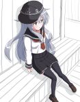  1girl black_skirt black_thighhighs blue_eyes brown_footwear feet_out_of_frame flat_cap from_above from_side grey_hair hat hibiki_(kancolle) kantai_collection loafers long_hair long_sleeves looking_to_the_side neckerchief partially_colored pleated_skirt red_neckerchief school_uniform serafuku shoes sitting skirt solo thigh-highs tottsan 