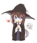  2girls :&gt; =_= ayanepuna bangs black_hat black_robe blue_cardigan blue_eyes blush brown_hair cardigan closed_eyes collared_shirt covered_mouth eyebrows_visible_through_hair hair_between_eyes hair_ornament hat heart highres holding holding_wand hood hood_down hooded_robe long_hair looking_at_viewer low_ponytail multiple_girls open_clothes open_robe original own_hands_together parted_lips ponytail robe shirt simple_background solo_focus sweat triangle_mouth upper_body very_long_hair wand white_background white_shirt witch_hat x_hair_ornament 