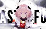  1boy absurdres astolfo_(fate) bangs black_bow black_shirt blurry blush bow buckle character_name cloak closed_mouth commentary debris depth_of_field elbow_gloves emblem fate/apocrypha fate_(series) from_above fur-trimmed_cloak fur_collar gloves gorget hair_bow hair_intakes highres lips long_hair long_sleeves looking_at_viewer looking_up male_focus multicolored_hair pink_hair shiny shiny_hair shirt smile solo streaked_hair trap tsurime turtleneck two-tone_hair upper_body violet_eyes white_cloak white_gloves white_hair 