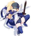  1girl ahoge aqua_eyes artoria_pendragon_(all) baseball_cap black_hat black_shorts blue_eyes blue_jacket blue_scarf dual_wielding excalibur fate_(series) hat highres himitsucalibur holding holding_sword holding_weapon jacket karukan_(monjya) mysterious_heroine_x plaid plaid_scarf ponytail scarf shorts solo sword track_jacket weapon 