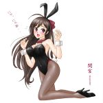  1girl absurdres animal_ears black_footwear black_legwear black_leotard bow bowtie breasts brown_hair bunny_girl bunny_tail bunnysuit character_name detached_collar high_heels highres kantai_collection kneeling leotard long_hair looking_at_viewer mamiya_(kantai_collection) medium_breasts open_mouth pantyhose ponytail rabbit_ears red_eyes red_neckwear simple_background skypixter smile solo tail white_background wrist_cuffs 
