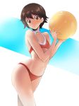  1girl :o arched_back ball bangs bare_shoulders beachball bikini blue_background blush brown_eyes brown_hair chestnut_mouth cleavage_cutout collarbone commentary_request eyebrows_visible_through_hair fingernails flat_chest girls_und_panzer groin hair_between_eyes highres isobe_noriko looking_at_viewer navel raised_eyebrows red_bikini sasaki_tatsuya shiny shiny_hair short_hair solo standing stomach swimsuit thighs wet white_background 