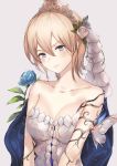  1girl asymmetrical_clothes bare_shoulders blonde_hair blue_eyes blue_flower blue_rose blush breasts butterfly cleavage collarbone dress europa_(granblue_fantasy) flower granblue_fantasy grey_background hair_flower hair_ornament head_tilt kachi leaf looking_at_viewer medium_breasts parted_lips rose shiny shiny_hair short_hair simple_background single_strap sleeveless sleeveless_dress smile solo tiara upper_body white_dress white_flower white_rose 