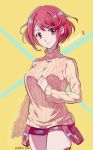  1girl blush breasts pyra_(xenoblade) looking_at_viewer red_eyes redhead short_hair shorts simple_background smile solo sweater xenoblade xenoblade_2 zin_(mame_denkyu) 