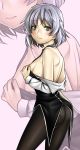  1girl asashin_(kazami-tomo) ass bare_shoulders black_legwear blush bottomless breasts eyebrows_visible_through_hair green_eyes hands_on_own_chest highres jacket jacket_pull looking_at_viewer necktie pantyhose sanya_v_litvyak short_hair silver_hair strike_witches world_witches_series 