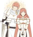  1girl armor aym_(ash3ash3ash) cape celica_(fire_emblem) dress earrings fingerless_gloves fire_emblem fire_emblem_echoes:_mou_hitori_no_eiyuuou gloves jewelry long_hair looking_at_viewer open_mouth red_eyes redhead smile tiara 