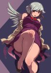  1girl bare_shoulders blush bow bowtie braid breasts commentary convenient_leg down_jacket dress enajii erect_nipples french_braid grey_hair kishin_sagume looking_at_viewer medium_breasts plump red_eyes shoes short_hair single_wing solo thick_thighs thighs touhou wings 