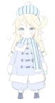  1girl :o bangs beanie black_footwear blonde_hair blue_capelet blue_coat blue_eyes blue_hat blue_mittens blue_pants blue_scarf blush boots braid breath capelet commentary_request copyright_request eyebrows_visible_through_hair full_body hat long_hair long_sleeves low_twintails meito_(maze) mittens pants parted_lips pointy_ears puffy_pants scarf simple_background solo standing twin_braids twintails v-shaped_eyebrows white_background 