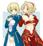  2girls alternate_hairstyle artoria_pendragon_(all) bangs blonde_hair blue_dress blue_eyes blush braid breasts cleavage commentary_request cosplay cosplay_request cowboy_shot cutout darjeeling detached_collar detached_sleeves dress eyebrows_visible_through_hair frown girls_und_panzer hair_intakes hair_up hand_on_another&#039;s_shoulder hand_on_own_chest kay_(girls_und_panzer) long_hair long_sleeves looking_at_another looking_at_viewer medium_breasts multiple_girls navel navel_cutout open_mouth pelvic_curtain puffy_long_sleeves puffy_sleeves red_dress saber saber_(cosplay) scrunchie short_hair short_ponytail smile standing tied_hair twin_braids uona_telepin 