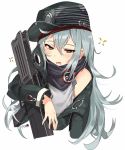 1girl absurdres ahoge assault_rifle bangs bare_shoulders blush brown_eyes bullpup cropped_torso eyebrows_visible_through_hair g11 g11_(girls_frontline) girls_frontline green_jacket grey_shirt gun hair_between_eyes half-closed_eyes hat heckler_&amp;_koch highres holding holding_gun holding_weapon jacket long_hair long_sleeves looking_at_viewer magazine_(weapon) messy_hair open_clothes open_mouth red_scarf rifle scarf scarf_on_head scope shirt shoulder_cutout sidelocks signature silver_hair solo tuxedo_de_cat very_long_hair weapon white_background yawning 