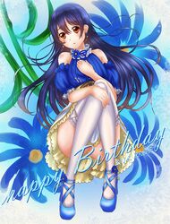  1girl bare_shoulders birthday blue_hair blush character_name commentary_request dated dress earrings eyebrows_visible_through_hair floral_background frills full_body hair_between_eyes happy_birthday jewelry long_hair looking_at_viewer love_live! love_live!_school_idol_festival love_live!_school_idol_project solo sonoda_umi thigh-highs watatsuki_dai_usagi-ko white_legwear yellow_eyes 