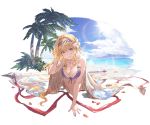  1girl all_fours bare_shoulders battle_standard beach bikini blonde_hair blue_eyes blush breasts cleavage clouds collarbone day flower front-tie_bikini front-tie_top granblue_fantasy hair_flower hair_ornament hairband jeanne_d&#039;arc_(granblue_fantasy) large_breasts long_hair looking_at_viewer minaba_hideo nail_polish ocean official_art outdoors palm_tree purple_bikini purple_nails sandals sky smile solo starfish swimsuit transparent_background tree water wet wet_hair 