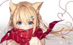  1girl animal_ears bangs blonde_hair blue_eyes blush braid cat_ears cherry_blossoms commentary_request covering_mouth eyebrows_visible_through_hair gradient gradient_background hair_between_eyes hair_ornament long_hair necomi original red_scarf scarf signature sleeves_past_wrists solo sweater upper_body 