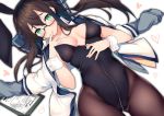  1girl animal_ears black_hair black_legwear black_leotard breasts bunnysuit cisyo clipboard cowboy_shot finger_to_mouth from_above green_eyes kantai_collection leotard leotard_under_clothes long_hair looking_at_viewer lying medium_breasts ooyodo_(kantai_collection) open_clothes pantyhose rabbit_ears semi-rimless_eyewear solo strapless strapless_leotard under-rim_eyewear wrist_cuffs 