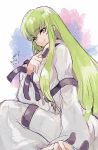  1girl 2014 ass bangs bodysuit c.c. closed_mouth code_geass dated eyebrows eyebrows_visible_through_hair green_hair hair_between_eyes hand_on_own_chest long_sleeves medu_(rubish) sidelocks smile solo straight_hair straitjacket white_bodysuit wide_sleeves yellow_eyes 