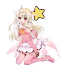  1girl :d bangs blonde_hair blush boots commentary_request detached_sleeves eyebrows_visible_through_hair fate/kaleid_liner_prisma_illya fate_(series) full_body gloves hair_between_eyes illyasviel_von_einzbern layered_skirt long_hair long_sleeves magical_girl open_mouth pink_footwear pink_legwear pink_shirt pleated_skirt prisma_illya red_eyes shirt simple_background skirt sleeveless sleeveless_shirt smile solo star thigh-highs thigh_boots very_long_hair white_background white_gloves white_skirt youta 