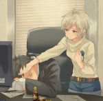  1boy 1girl anastasia_(idolmaster) belt belt_buckle blinds blue_eyes bottle buckle business_suit chair denim denim_shorts desk earrings formal hand_on_another&#039;s_face idolmaster idolmaster_cinderella_girls indoors jewelry marimo_(momiage) monitor office_chair pendant producer_(idolmaster_cinderella_girls_anime) short_hair shorts silver_hair star stud_earrings suit sweat sweater 