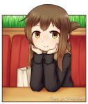  1girl blush brown_eyes brown_hair closed_mouth eyebrows_visible_through_hair hands_on_own_head inazuma_(kantai_collection) jacy kantai_collection long_sleeves looking_at_viewer medium_hair sitting smile solo sweater 